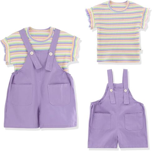 Toddler Baby Girl Summer Clothes Sets with Rainbow Ribbed Knit Shirts & Short Overalls in Saudi Arabia