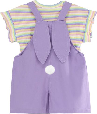 Toddler Baby Girl Summer Clothes Sets with Rainbow Ribbed Knit Shirts & Short Overalls in Saudi Arabia