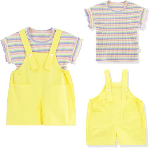 Toddler Baby Girl Summer Clothes Sets with Rainbow Ribbed Knit Shirts & Short Overalls in Saudi Arabia