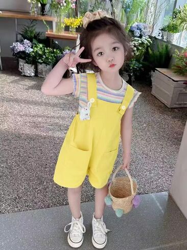 Toddler Baby Girl Summer Clothes Sets with Rainbow Ribbed Knit Shirts & Short Overalls in Saudi Arabia