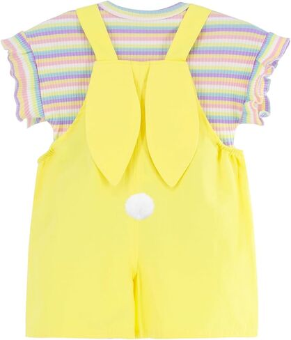 Toddler Baby Girl Summer Clothes Sets with Rainbow Ribbed Knit Shirts & Short Overalls in Saudi Arabia