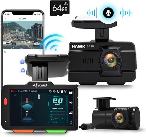 Scaled AI Dashcam, HAWKSE2K, 2.5K Dash Cam Front and Rear, 3" Monitor Visual Traffic,7 ADAS Functions, 10 Voice commands,Free 64G SD card, Free APP, Car Dash Camera with GPS/WiFi and stary Vision in Saudi Arabia