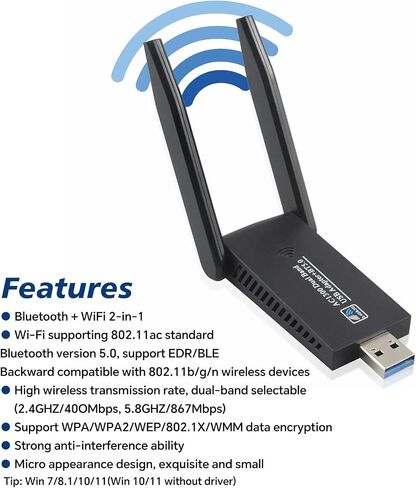BOOBRIE USB WiFi Bluetooth Adapter AC1300 Mbps Dual Band 2.4G/5.8Ghz Wi-Fi Antenna Bluetooth 5.0 Adapter USB 3.0 Network Antenna for PC Laptop Desktop Windows 10/8/7/Vista/XP Mac in Saudi Arabia