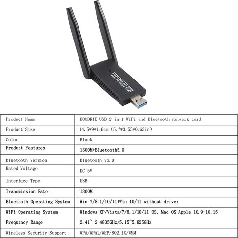 BOOBRIE USB WiFi Bluetooth Adapter AC1300 Mbps Dual Band 2.4G/5.8Ghz Wi-Fi Antenna Bluetooth 5.0 Adapter USB 3.0 Network Antenna for PC Laptop Desktop Windows 10/8/7/Vista/XP Mac in Saudi Arabia
