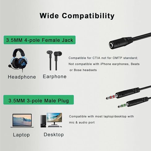 مقسم سماعة الرأس للكمبيوتر الشخصي 3.5 ملم أنثى إلى ثنائي 3.5 ملم ذكر ميكروفون ستيريو جاك Y كابل مقسم محول سماعة الرأس سلك Aux، مناسب لسماعات الألعاب/الهاتف الذكي إلى مقبس مزدوج للكمبيوتر المحمول والكمبيوتر المكتبي in Kuwait