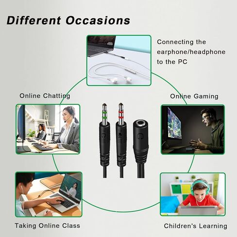 مقسم سماعة الرأس للكمبيوتر الشخصي 3.5 ملم أنثى إلى ثنائي 3.5 ملم ذكر ميكروفون ستيريو جاك Y كابل مقسم محول سماعة الرأس سلك Aux، مناسب لسماعات الألعاب/الهاتف الذكي إلى مقبس مزدوج للكمبيوتر المحمول والكمبيوتر المكتبي in Kuwait
