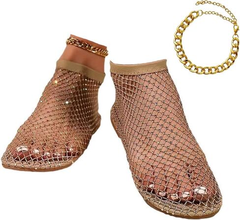 Mesh Flats for Women - Ultra Comfortable Shiny Gem - Women's Dressy Summer Slip-On Flat Sandals, Golden Anklet Included in Saudi Arabia