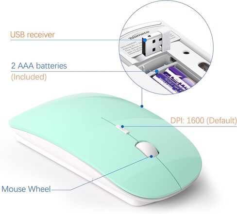 مجموعة لوحة مفاتيح وماوس لاسلكية من TopMate، مجموعة رفيعة للغاية، ماوس USB صامت صغير الحجم 2.4 جيجا هرتز ومجموعة لوحة مفاتيح بمفتاح مقص مع غطاء، بطاريتان AA و2 AAA، للكمبيوتر الشخصي/الكمبيوتر المحمول/ويندوز-أخضر نعناعي in Kuwait