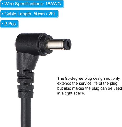 PATIKIL 1Ft 5.5 x 2.1mm Male to Male DC Power Cable, 2Pcs 18AWG Wire Adapter 90 Degree Right Angle Connector Cord for LED Strip DVR Router Surveillance Camera in Kuwait