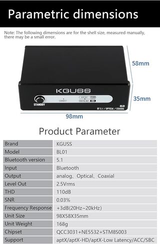 جهاز استقبال KGUSS BL01 HiFi Bluetooth 5.1 للستيريو المنزلي مع LDAC، ومحول صوت بلوتوث مع DAC aptX HD، ومخرج محور بصري RCA لجهاز استقبال AV أو مكبر صوت استريو in Kuwait