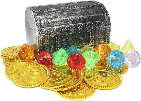 Mini Treasure Chest Toy Set for Kids, Vintage Decorative Pirate Pretend Play or Halloween Cosplay Party, Birthday, Christmas, Include 12 pirate treasure gold coins, 12 colorful diamonds in Saudi Arabia