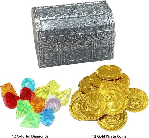 Mini Treasure Chest Toy Set for Kids, Vintage Decorative Pirate Pretend Play or Halloween Cosplay Party, Birthday, Christmas, Include 12 pirate treasure gold coins, 12 colorful diamonds in Saudi Arabia