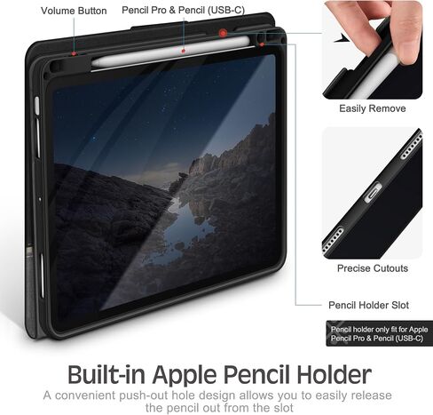 حافظة KingBlanc لجهاز iPad Air مقاس 13 بوصة (2024، M2) مع حامل أقلام رصاص من الجلد النباتي، حافظة ذكية، تنبيه/غفو تلقائي، زوايا متعددة للعرض/الرسم، غطاء واقٍ مع إغلاق مغناطيسي، أسود in Kuwait