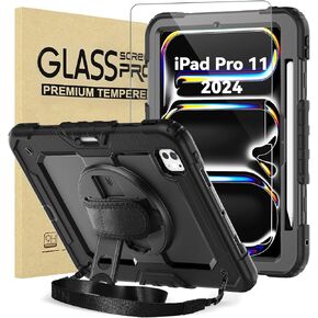 BLOSOMEET New iPad Case Pro 11 Inch (2024) M4 with Tempered Glass Screen Protector & Pencil Holder, iPad Pro11 5th Gen Cover (A2836, A2837, A3006) with Stand Hand Strap,Shoulder Strap (Black)