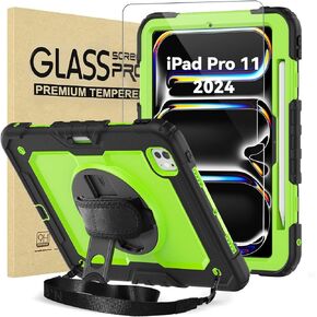 BLOSOMEET New iPad Case Pro 11 Inch (2024) M4 with Tempered Glass Screen Protector & Pencil Holder, iPad Pro11 5th Gen Cover (A2836, A2837, A3006) with Stand Hand Strap,Shoulder Strap (Black)
