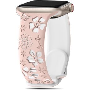 CreateGreat Floral Engraved Band Compatible with Apple Watch Band 40mm 41mm 44mm 45mm 38mm 42mm 49mm, Two-Tone Soft Silicone Flower Sport Strap for iWatch Bands Women Series 9 8 7 6 5 4 3 2 SE Ultra
