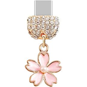 ELISE & FONDA TP277 Type-C USB Charging Port Crystal Anti Dust Plug Cherry Blossom Sakura Cell Phone Charm for Samsung/Huawei/OnePlus/Xiaomi/oppo Android Phones (Pink)
