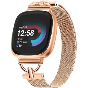Magnetic Bands Compatible for Fitbit Versa 4/Fitbit Versa 3/Fitbit Sense 2/Fitbit Sense, Mesh Stainless Steel Thin Strap, Adjustable Replacement Wristband for Women Dressy