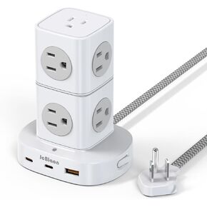 Tower Power Strip Flat Plug with 9 Outlets 3 USB (2 USB C), JcBlaon Surge Protector Power Strip Tower, 5ft Extension Cord with Multiple Outlets, Office Desk Supplies, Dorm Essentials