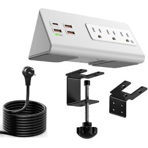 Upgraded Version Edge Mount Power Strip with USB-C Ports Tabletop Surge Protector Desk Clamp Power Sockets with 3 AC Outlets &4 Fast Charging USB Ports for Home Office Hotel Dormitory (Black - 1pack)
