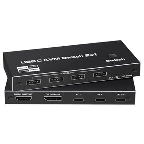 USB C KVM Switch 2 in 1 Out, Dsiplayport Type-C HDMI KVM Switch, PC Computer USB-C KVM Switch with 4 USB 2.0 Ports Support 8K @ 60Hz, 4K @ 120Hz, 2 PC Share Mouse, Keyboard, 8K@60HZ KVM Switcher