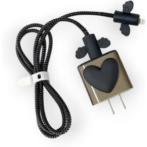 Cable Protector for iPhone Charger, Silicone Charger Protector Set - Cute Cable Cover Silicone Charger Case for 18W/20W iPhone Charger, Pink Heart Black Heart iPhone Charger Cover (Black)