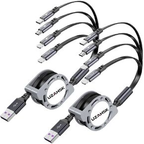 Multi Charging Cable 4A 2Pack 4 in 1 Retractable Fast USB Charge Cord with IP/Type-C/Micro-USB Port for Phone 15/14/13/12/11/X/8/Samsung Galaxy/Huawei/HTC/Pixel/LG/Sony/Tablets-4Ft (Grey)