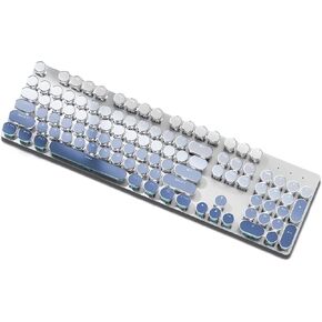 Tri-Mode Typewriter Style Mechanical Gaming Keyboard Wireless 2.4G/Bluetooth 5.0/Wired USB-C White LED Backlit 104-Key NKRO Clicky White Switches Retro Round Keycap Metal Panel, Blue Gradient