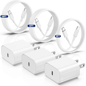 iPhone 15 Charger Fast Charging 3-Pack, 20W Type C Charger[3+6+10FT] USB C Wall Charger Cables for iPhone 15/15 Plus/15 Pro Max, iPad Pro/Air/AirPods/Samsung