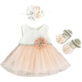 Bow Dream 3 Pcs Tulle Baby Flower Girl Dresses Headband Shoes Wedding Birthday Party Pageant Formal Tutu Gown