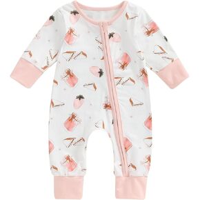 Baby Girl Newborn Clothes Infant Romper Long Sleeve Pink Bodysuit Strawberry Side Zippers Jumpsuit Clothes