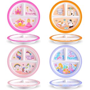 Hushee 4 Pcs 9.8 Inch Girls Themed Melamine Dinner Plate for Kids Girls Boys Reusable 3 Compartment Plates Girls Dinnerware Plates for Unicorn Princess Mermaid Cat School Party Supplies