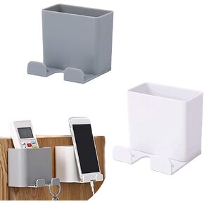 2 Pack Wall Mount Phone Holders, Phone Holder for Wall Adhesive Cell Phone Smartphone Charging Brackets Holders Shelf Remote Control Stand Organizer Storage Box for Bedroom Bathroom Office