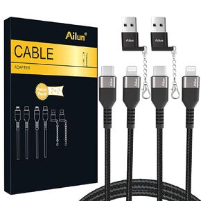 Ailun USB C to Lightning Cable 2Pack [6ft MFi Certified] Cord for iPhone 14/14 Pro/13/13 Pro/12/12 Pro/11/11 Pro/X/XS/XR/and USB C Female to USB A Male Adapter with Keychain 2Pack