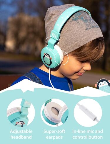 Planet Buddies Kids Headphones, Wired Headphones with Microphone for Kids, Volume Safe Foldable On Ear Earphones for School, Travel, Phone, Kindle - Blue Penguin in Saudi Arabia