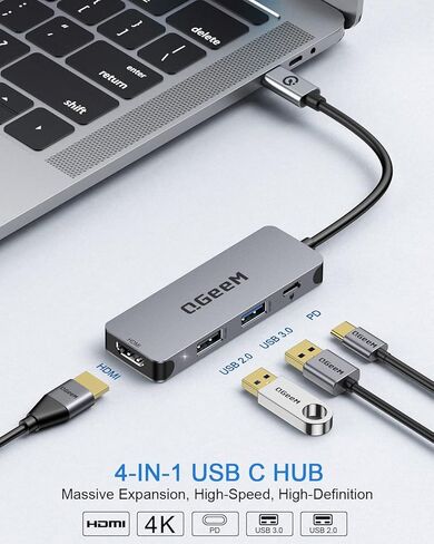 USB C Hub, QGeeM 4-in-1 USB C to HDMI Adapter with 4K USB C to HDMI Hub,100W Power Delivery,USB 3.0,Thunderbolt 3 Hub Compatible for MacBook Pro, XPS, iPad Pro,More Type C Devices in Kuwait