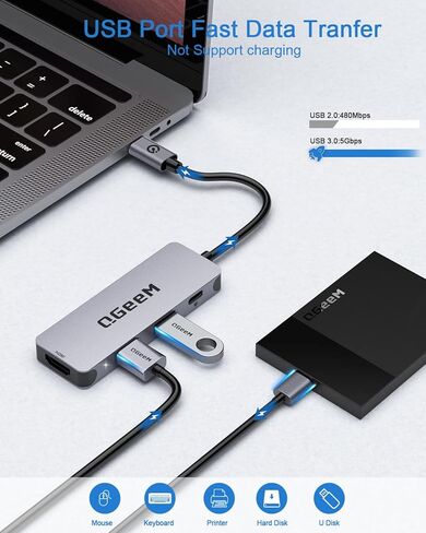 USB C Hub, QGeeM 4-in-1 USB C to HDMI Adapter with 4K USB C to HDMI Hub,100W Power Delivery,USB 3.0,Thunderbolt 3 Hub Compatible for MacBook Pro, XPS, iPad Pro,More Type C Devices in Kuwait