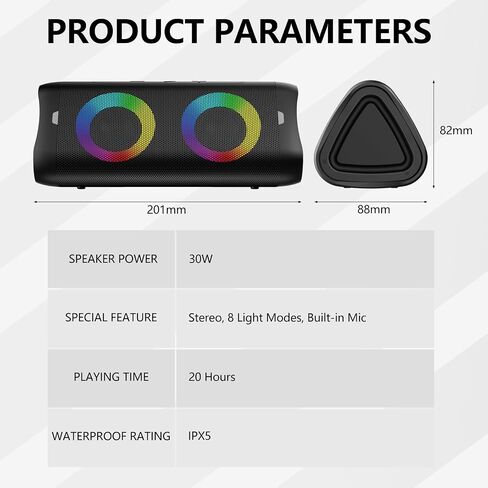 DONOW Bluetooth Speaker with Lights, 30W Stereo Sound, Deep Bass, IPX5 Waterproof, 20H Playtime, Portable Wireless Speaker with Built-in Mic, for Party, Home, Outdoor, Beach(Black) in Saudi Arabia