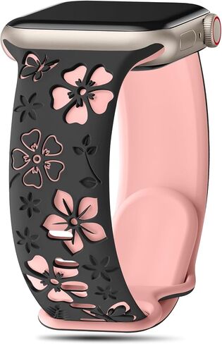 CreateGreat Floral Engraved Band Compatible with Apple Watch Band 40mm 41mm 44mm 45mm 38mm 42mm 49mm, Two-Tone Soft Silicone Flower Sport Strap for iWatch Bands Women Series 9 8 7 6 5 4 3 2 SE Ultra in Kuwait