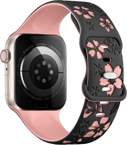 CreateGreat Floral Engraved Band Compatible with Apple Watch Band 40mm 41mm 44mm 45mm 38mm 42mm 49mm, Two-Tone Soft Silicone Flower Sport Strap for iWatch Bands Women Series 9 8 7 6 5 4 3 2 SE Ultra in Kuwait