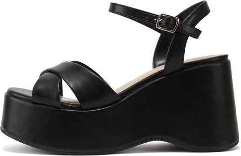 Soda “TECNO" ~ Women Square Toe Crisscross Upper High Heeled Wedge Sandal with Adjustable Ankle Strap in Saudi Arabia