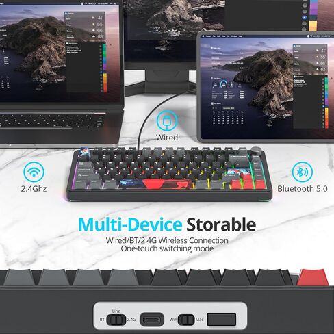 لوحة مفاتيح ألعاب ميكانيكية لاسلكية قابلة للتبديل بنسبة 75% من Fogruaden M75 RGB مع وسادات ممتصة للصوت ومقبض، وحشية، لوحة مفاتيح كريمية مخصصة NKRO TKL، بلوتوث/2.4 جيجا هرتز/سلكية، مفاتيح بيضاء خطية in Saudi Arabia