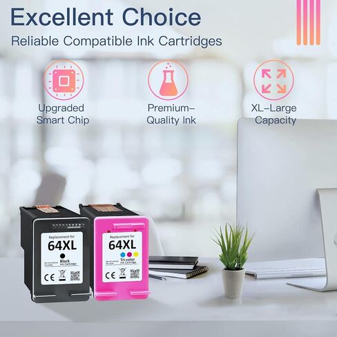 طابعة 64XL لحبر HP 64 حزمة كومبو باللون الأسود واللون لخرطوشة حبر HP 64XL مناسبة لطابعة Envy Photo 7800 7858 7855 7100 7120 7155 7164 6255 6232 Inspire 7955e Tango Series Printer (عبوتان) in Kuwait