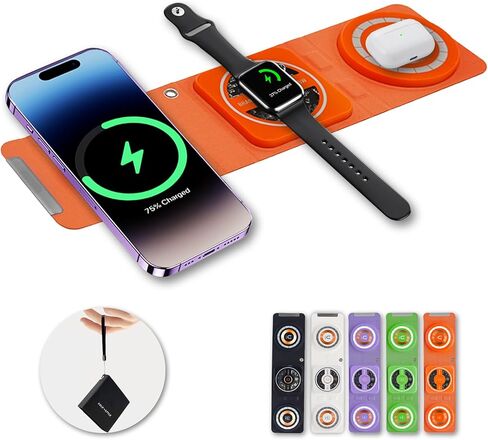 Fold 'N Style 3-in-1 Foldable Magnetic Wireless Charger Keychain, 15W Travel Fast Charger for iPhone 15/14/13/12 Pro/Max/Plus, Apple Watch, AirPods, Samsung Galaxy/Note, Charge 2 Phones Simultaneously in Saudi Arabia