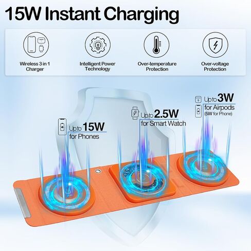 Fold 'N Style 3-in-1 Foldable Magnetic Wireless Charger Keychain, 15W Travel Fast Charger for iPhone 15/14/13/12 Pro/Max/Plus, Apple Watch, AirPods, Samsung Galaxy/Note, Charge 2 Phones Simultaneously in Saudi Arabia