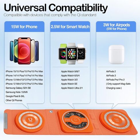 Fold 'N Style 3-in-1 Foldable Magnetic Wireless Charger Keychain, 15W Travel Fast Charger for iPhone 15/14/13/12 Pro/Max/Plus, Apple Watch, AirPods, Samsung Galaxy/Note, Charge 2 Phones Simultaneously in Saudi Arabia