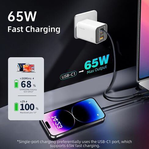 شاحن USB C بقدرة 65 وات، شاحن حائط USB 3 منافذ، شاحن PD3.0 GaN USB C للسفر، شاحن سريع USB C لأجهزة MacBook Pro/Air، iPad، Galaxy S24 Ultra، Dell XPS، iPhone 15 Pro والمزيد (أسود) in Kuwait