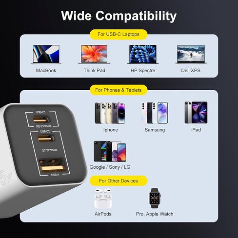 شاحن USB C بقدرة 65 وات، شاحن حائط USB 3 منافذ، شاحن PD3.0 GaN USB C للسفر، شاحن سريع USB C لأجهزة MacBook Pro/Air، iPad، Galaxy S24 Ultra، Dell XPS، iPhone 15 Pro والمزيد (أسود) in Kuwait