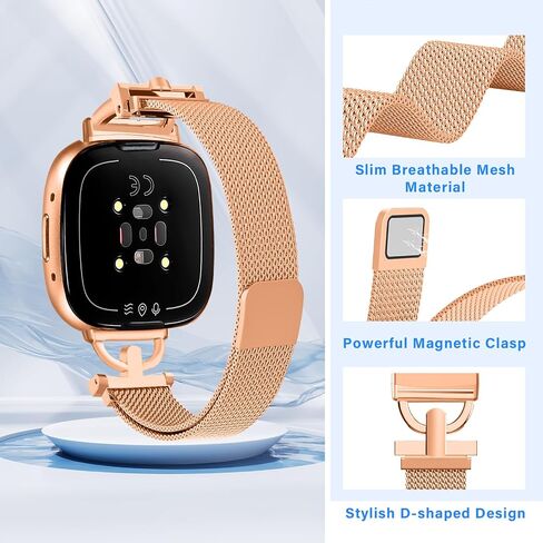 أربطة مغناطيسية متوافقة مع Fitbit Versa 4/Fitbit Versa 3/Fitbit Sense 2/Fitbit Sense، حزام شبكي رفيع من الفولاذ المقاوم للصدأ، سوار معصم بديل قابل للتعديل للنساء الأنيقات in Kuwait