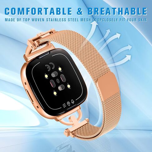 أربطة مغناطيسية متوافقة مع Fitbit Versa 4/Fitbit Versa 3/Fitbit Sense 2/Fitbit Sense، حزام شبكي رفيع من الفولاذ المقاوم للصدأ، سوار معصم بديل قابل للتعديل للنساء الأنيقات in Kuwait